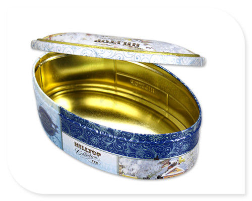 Scatola metallica ovale della latta del tè con la stampa su ordinazione di colore del contenitore dorato interno di metallo accettata